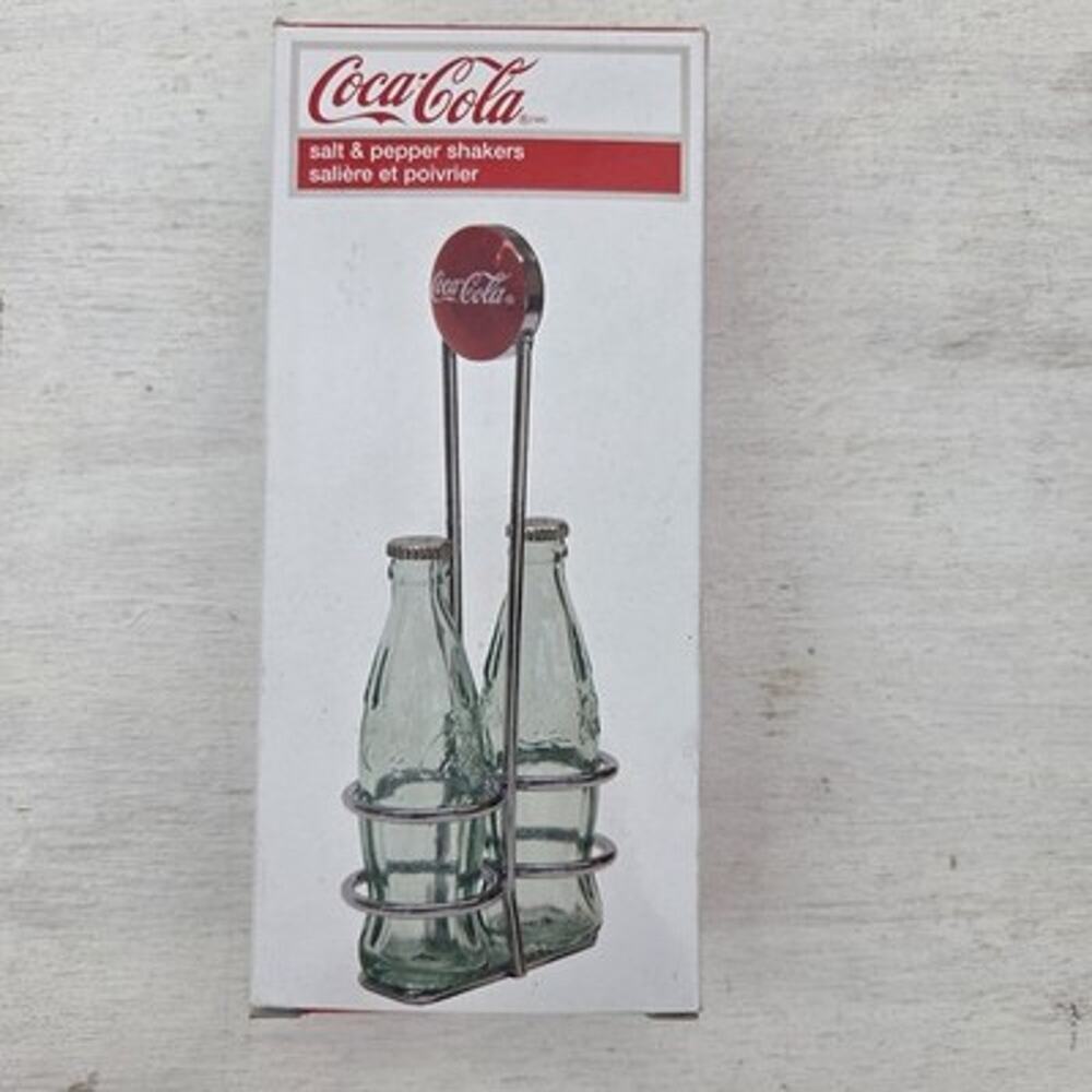 Coca-Cola Salt and Pepper Shaker Set & Chrome Plated Metal Rack NIB Gift Ready